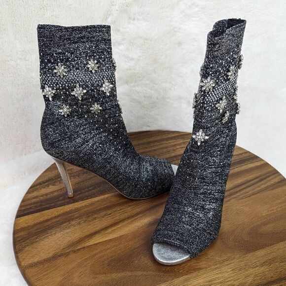 Badgley Mischka Viva Peep Toe Sock Bootie Heels Women’s Size 6.5 Black Silver - Picture 2 of 15